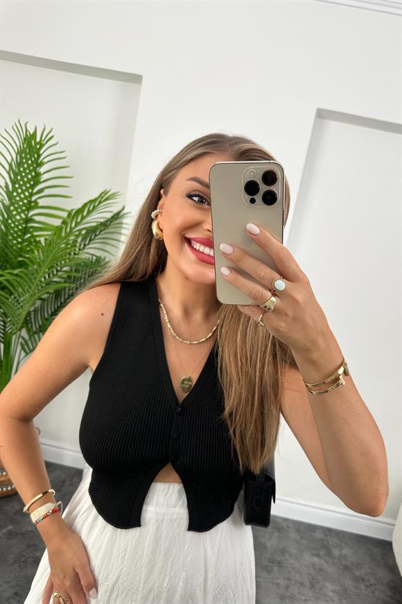 Elit Triko 3 Düğmeli Kısa Yelek Siyah