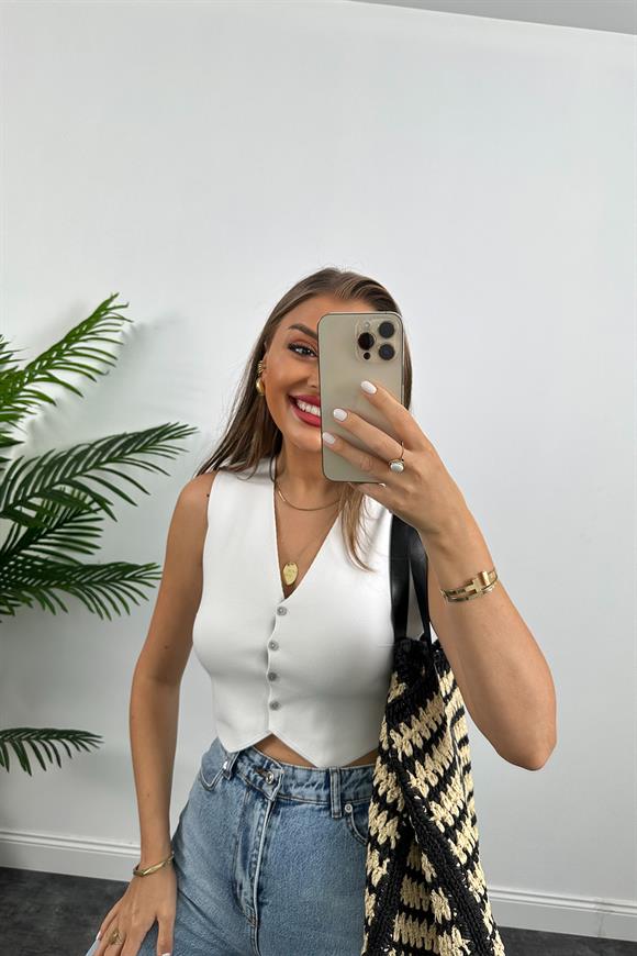 Elit Triko Basic Düğmeli Yelek Beyaz