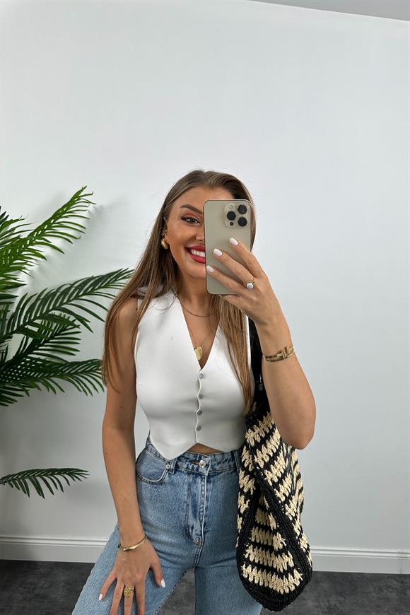 Elit Triko Basic Düğmeli Yelek Beyaz