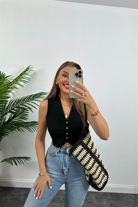 Elit Triko Basic Düğmeli Yelek Siyah