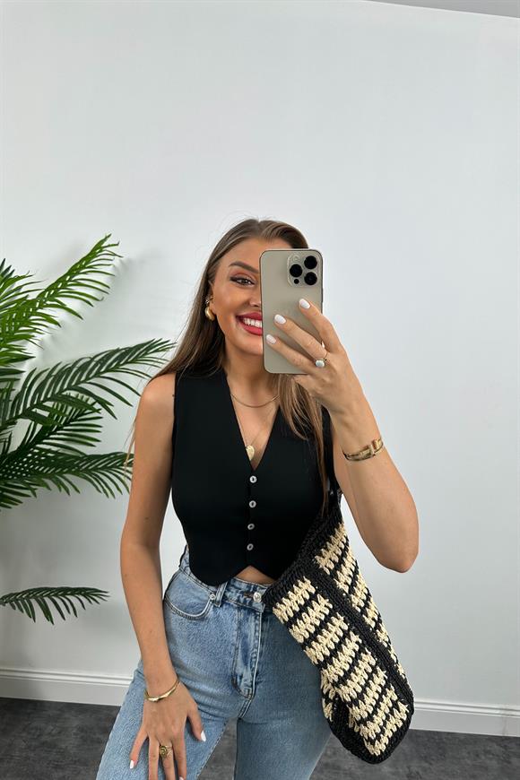 Elit Triko Basic Düğmeli Yelek Siyah