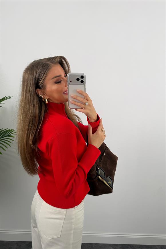 Elit Triko Çift Fermuarlı Dik Yaka Hırka Kırmızı