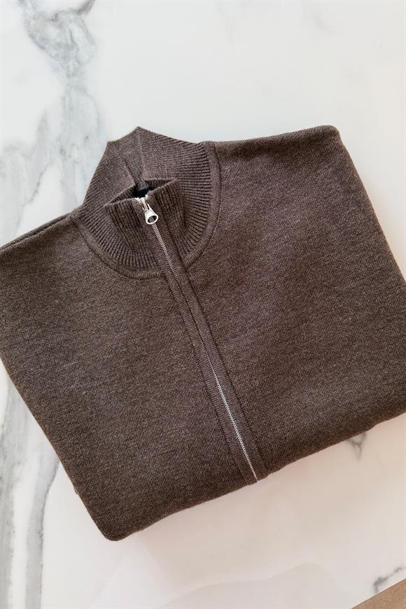 Elit Triko Çift Fermuarlı Dik Yaka Hırka Acı Kahve Melanj