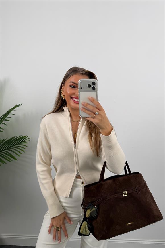 Elit Triko Çift Fermuarlı Dik Yaka Hırka Krem