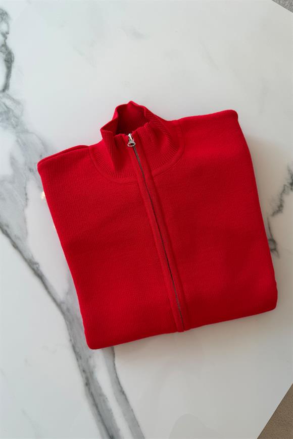 Elit Triko Çift Fermuarlı Dik Yaka Hırka Kırmızı