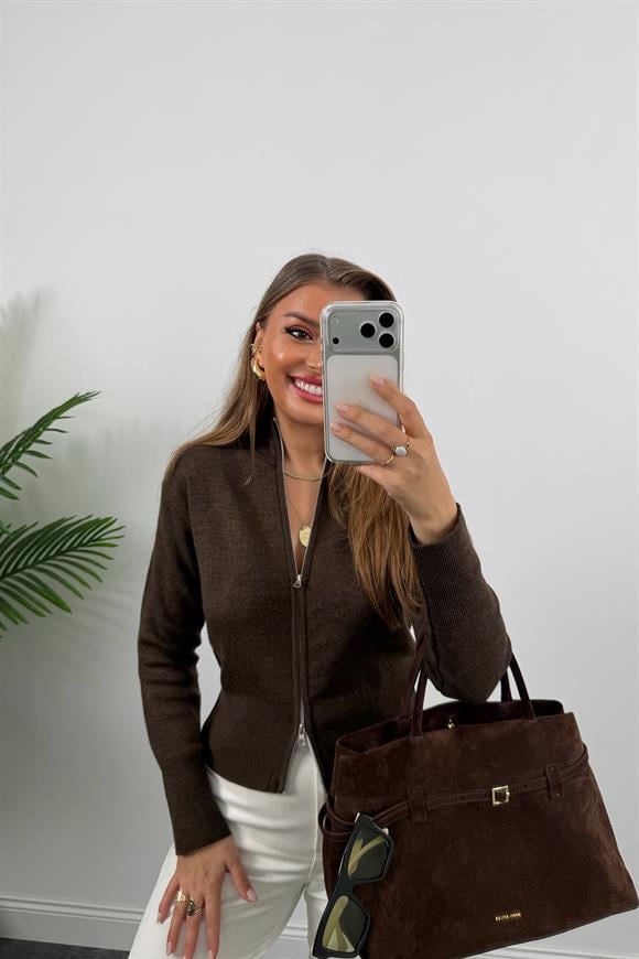 Elit Triko Çift Fermuarlı Dik Yaka Hırka Acı Kahve Melanj