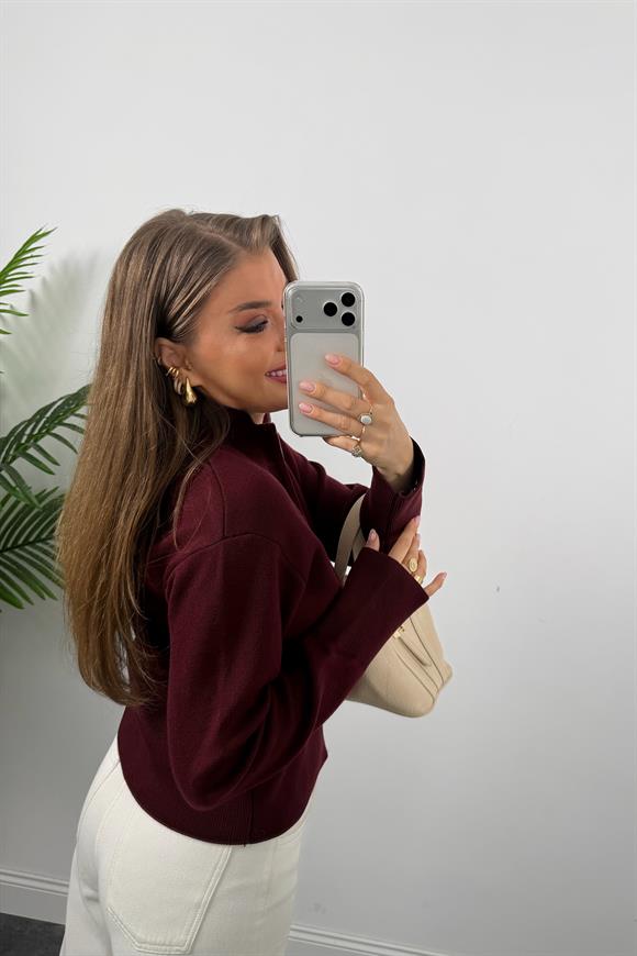 Elit Triko Çift Fermuarlı Dik Yaka Hırka Bordo