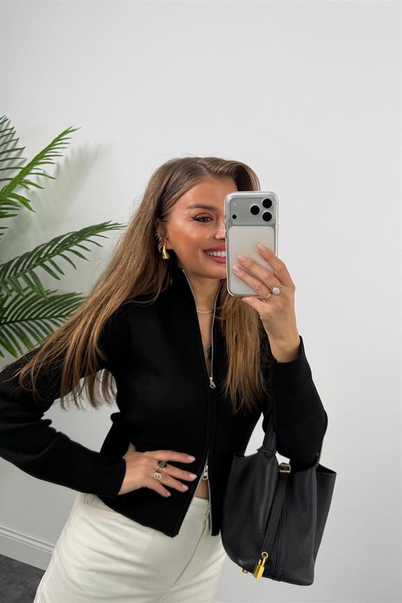 Elit Triko Çift Fermuarlı Dik Yaka Hırka Siyah