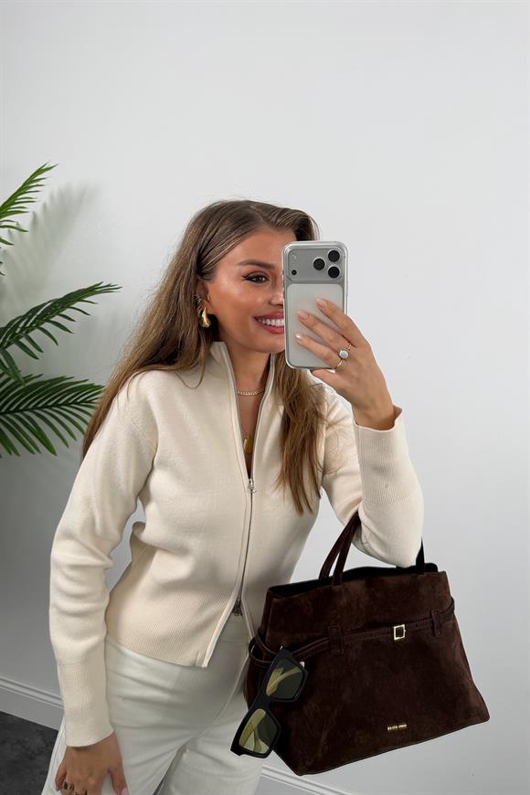 Elit Triko Çift Fermuarlı Dik Yaka Hırka Krem