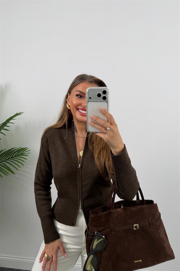 Elit Triko Çift Fermuarlı Dik Yaka Hırka Acı Kahve Melanj