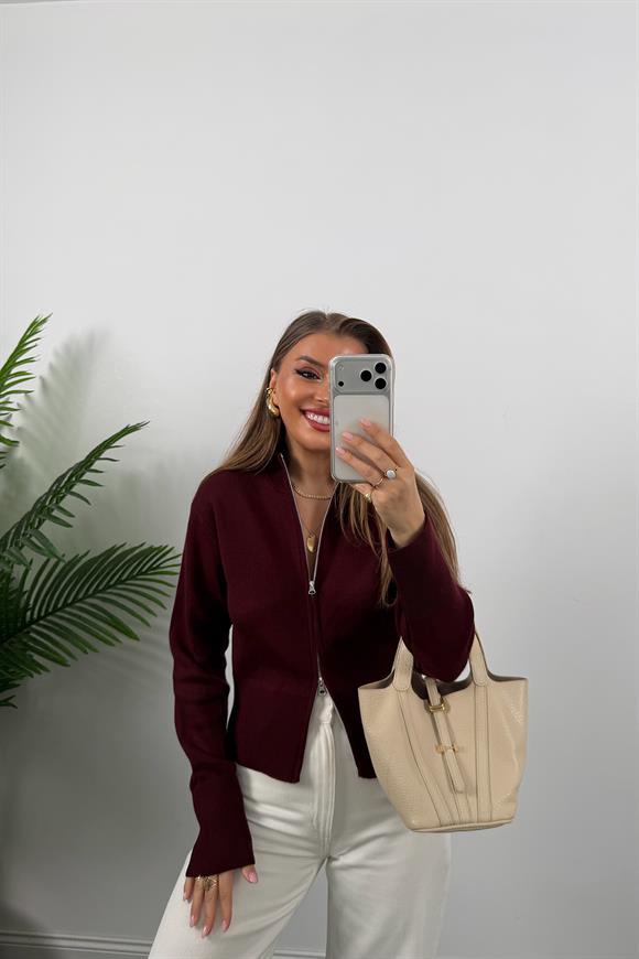 Elit Triko Çift Fermuarlı Dik Yaka Hırka Bordo