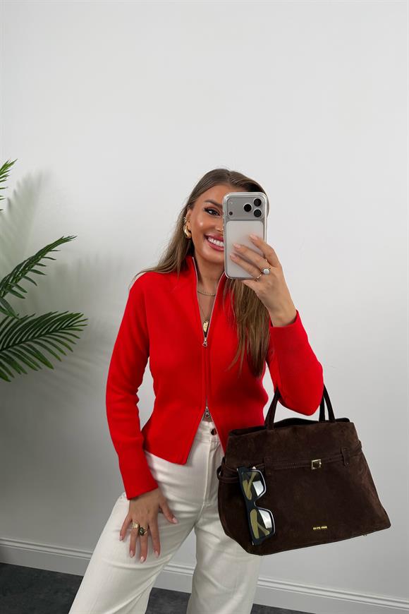 Elit Triko Çift Fermuarlı Dik Yaka Hırka Kırmızı