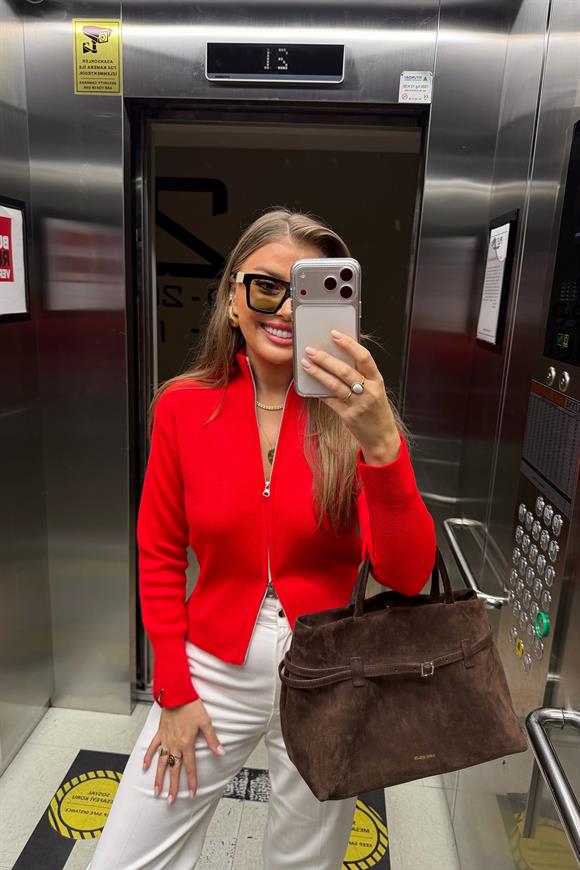 Elit Triko Çift Fermuarlı Dik Yaka Hırka Kırmızı