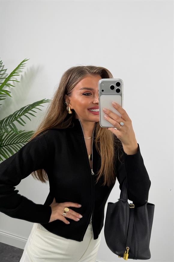 Elit Triko Çift Fermuarlı Dik Yaka Hırka Siyah