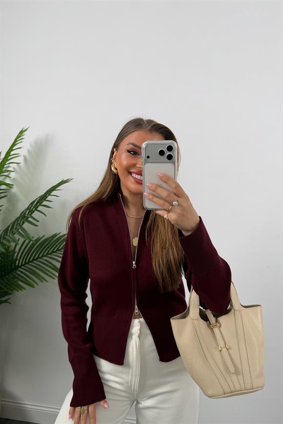 Elit Triko Çift Fermuarlı Dik Yaka Hırka Bordo