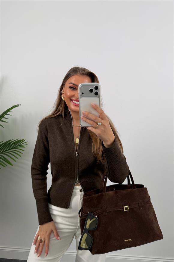 Elit Triko Çift Fermuarlı Dik Yaka Hırka Acı Kahve Melanj