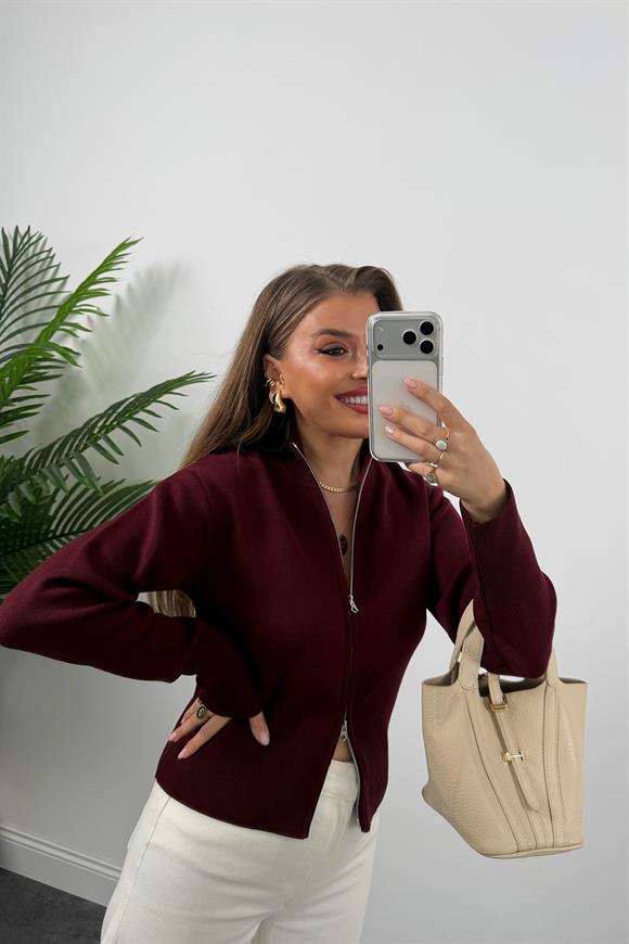 Elit Triko Çift Fermuarlı Dik Yaka Hırka Bordo