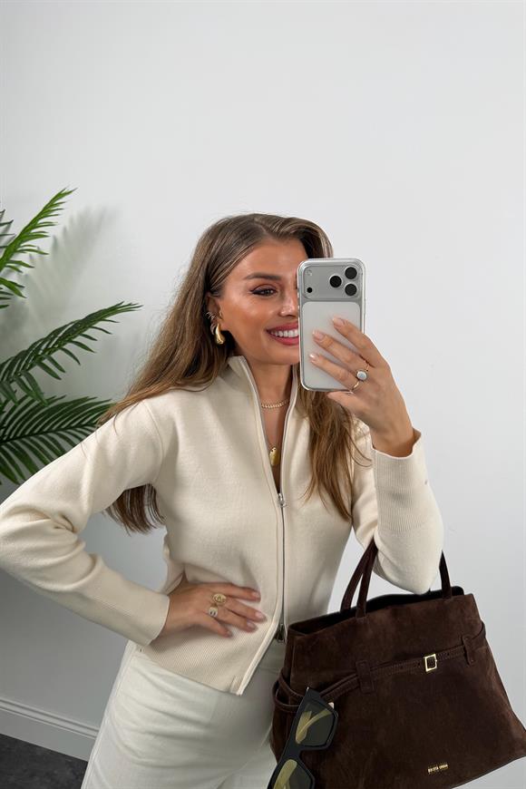 Elit Triko Çift Fermuarlı Dik Yaka Hırka Krem