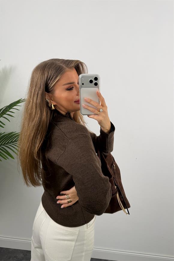 Elit Triko Çift Fermuarlı Dik Yaka Hırka Acı Kahve Melanj