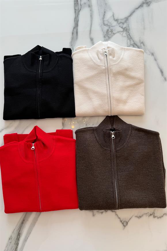 Elit Triko Çift Fermuarlı Dik Yaka Hırka Siyah