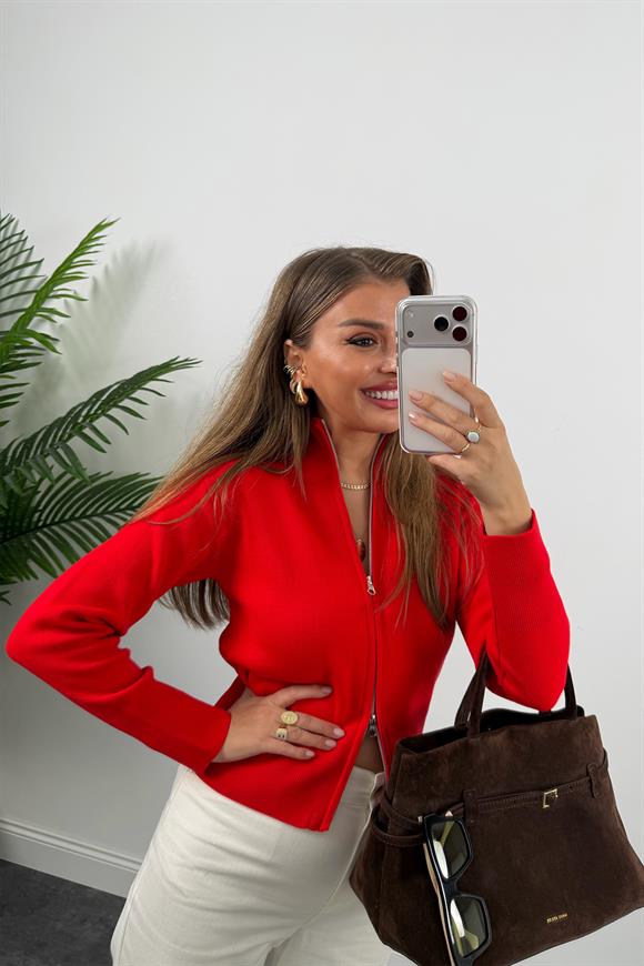 Elit Triko Çift Fermuarlı Dik Yaka Hırka Kırmızı