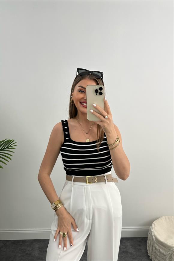 Elit Triko Fitilli Marin Crop Top Siyah