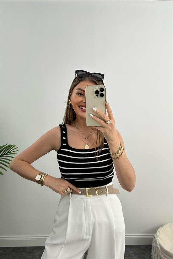 Elit Triko Fitilli Marin Crop Top Siyah