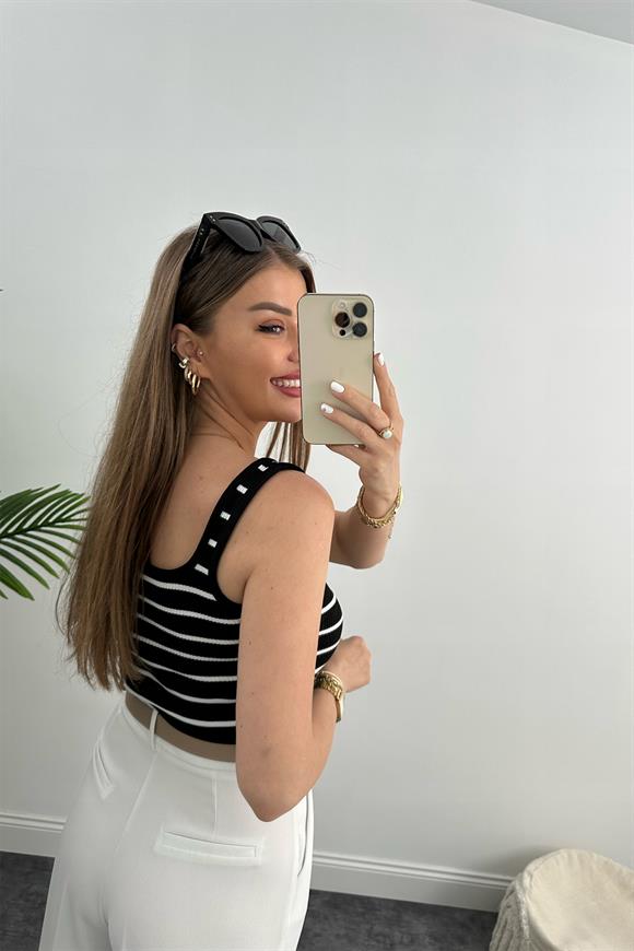 Elit Triko Fitilli Marin Crop Top Siyah