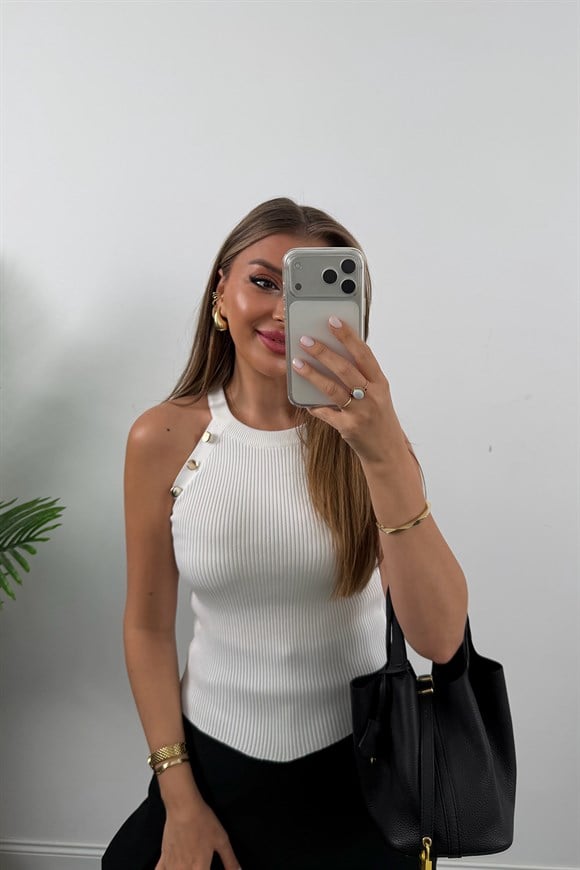 Elit Triko Gold Düğmeli Reglan Kol Bluz Beyaz