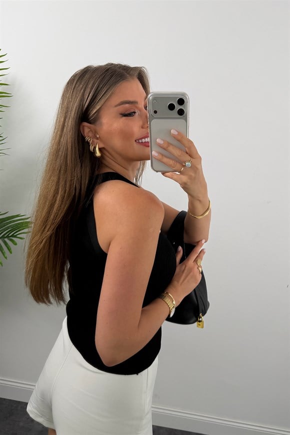 Elit Triko Gold Düğmeli Reglan Kol Bluz Siyah