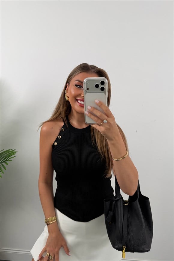 Elit Triko Gold Düğmeli Reglan Kol Bluz Siyah