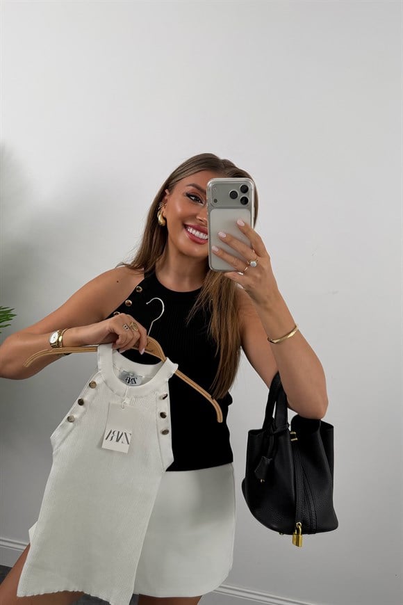 Elit Triko Gold Düğmeli Reglan Kol Bluz Siyah