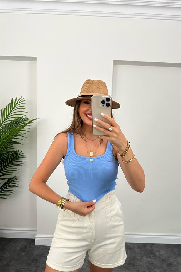 Elit Triko Kare Yaka Fitilli Crop Top Pastel Mavi