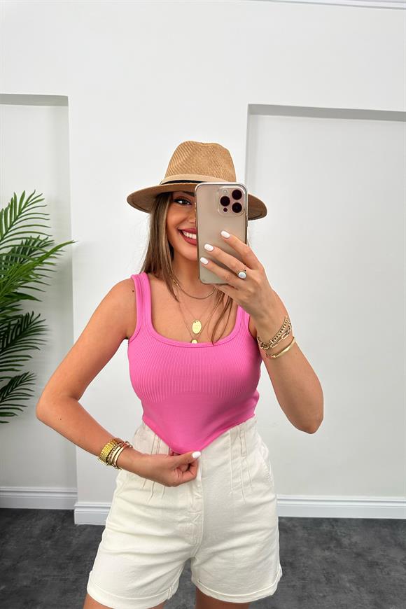 Elit Triko Kare Yaka Fitilli Crop Top Pembe