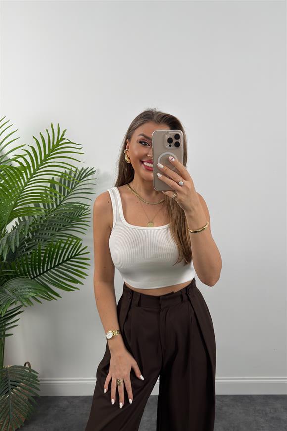Elit Triko Kare Yaka Fitilli Crop Top Beyaz  