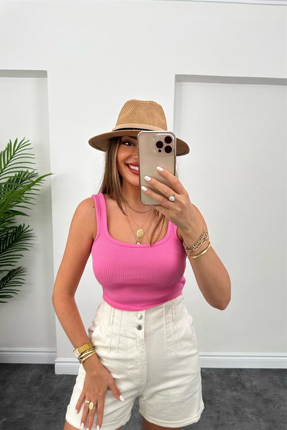 Elit Triko Kare Yaka Fitilli Crop Top Pembe