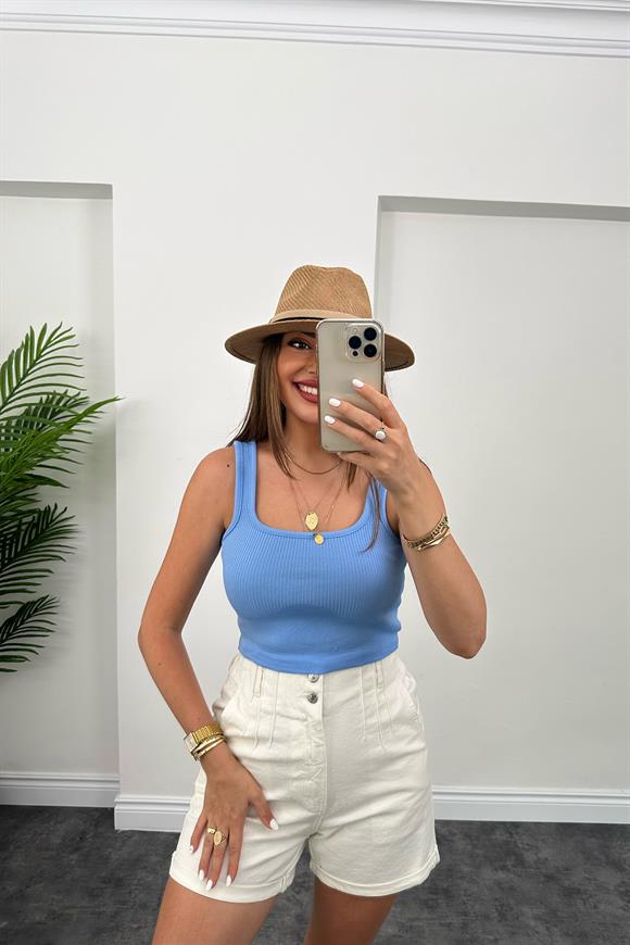 Elit Triko Kare Yaka Fitilli Crop Top Pastel Mavi