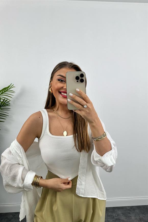 Elit Triko Kare Yaka Fitilli Crop Top Beyaz  