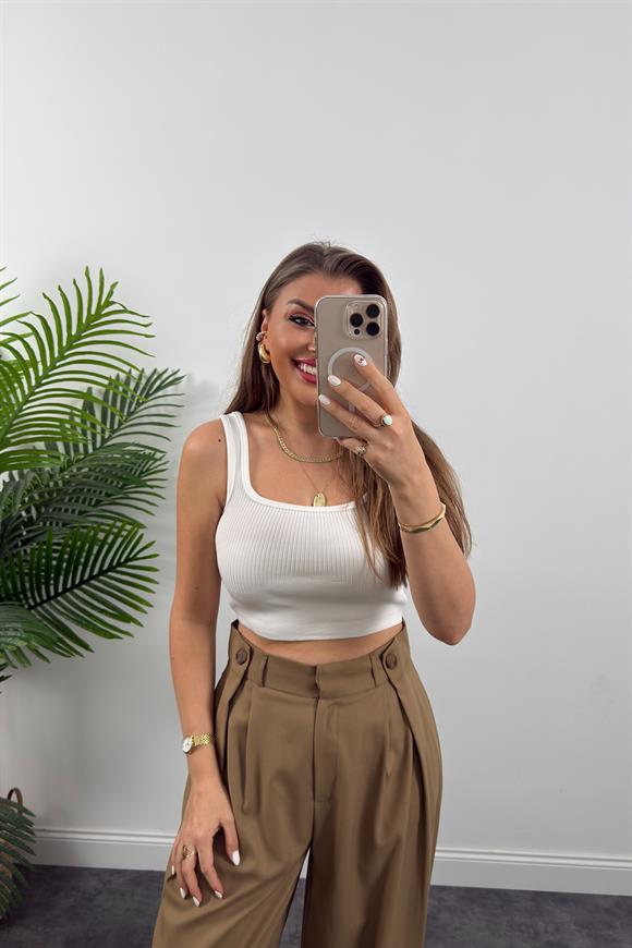 Elit Triko Kare Yaka Fitilli Crop Top Beyaz  