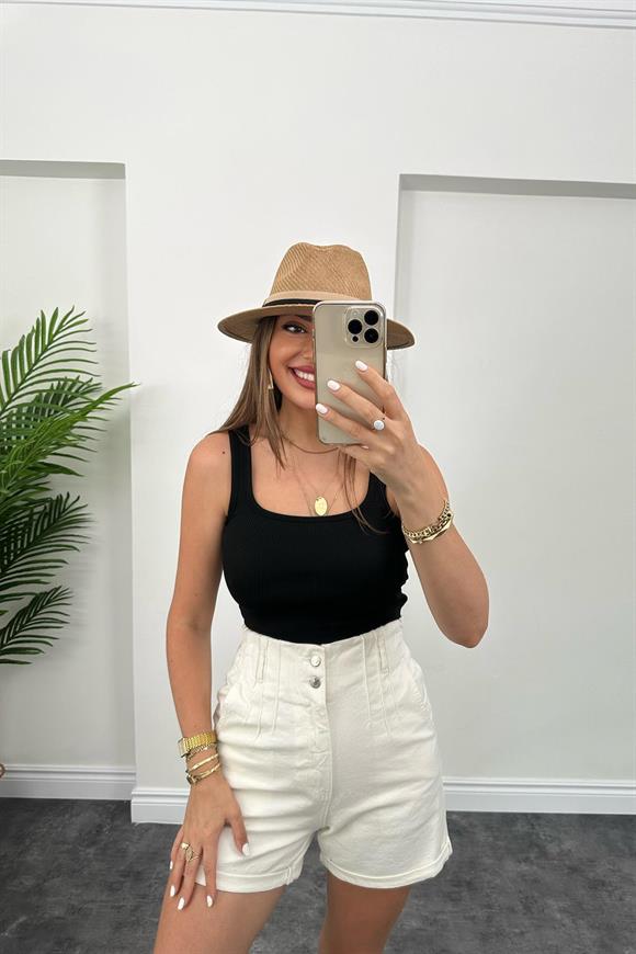 Elit Triko Kare Yaka Fitilli Crop Top Siyah  