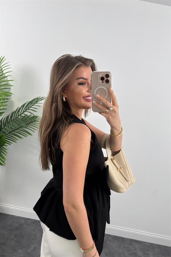 Eteği Valonlu Beli Kuşaklı Kruvaze Poplin Bluz Siyah