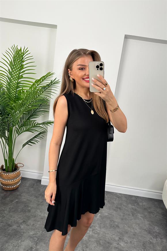 Eteği Valonlu Sıfır Kol Basic Salaş Elbise Siyah