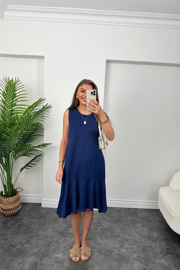 Eteği Valonlu Sıfır Kol Basic Salaş Elbise Lacivert