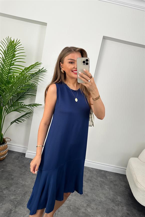 Eteği Valonlu Sıfır Kol Basic Salaş Elbise Lacivert