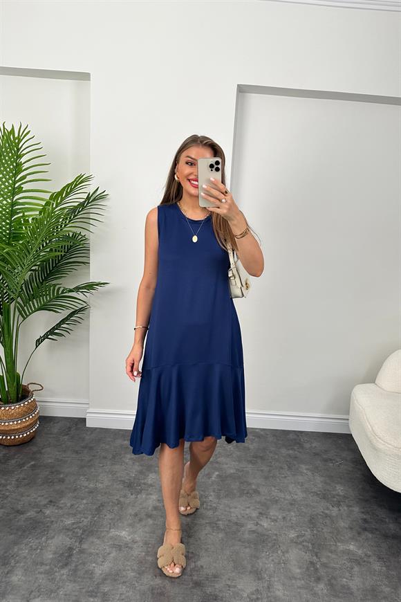 Eteği Valonlu Sıfır Kol Basic Salaş Elbise Lacivert