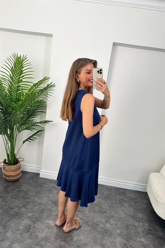 Eteği Valonlu Sıfır Kol Basic Salaş Elbise Lacivert