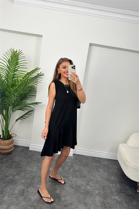 Eteği Valonlu Sıfır Kol Basic Salaş Elbise Siyah