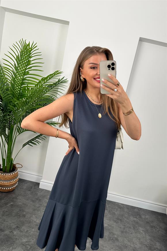 Eteği Valonlu Sıfır Kol Basic Salaş Elbise Antrasit