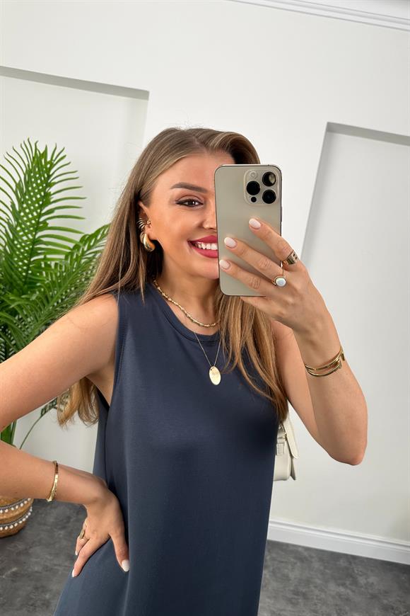 Eteği Valonlu Sıfır Kol Basic Salaş Elbise Antrasit