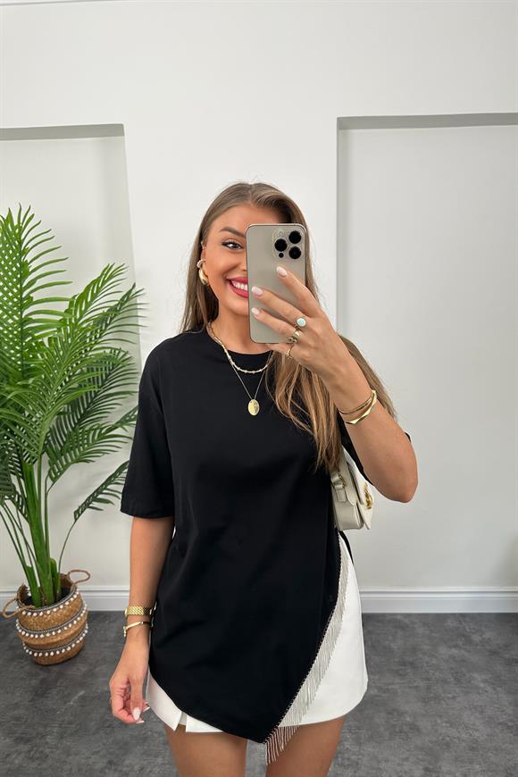 Etek Ucu Zincirli Tam Pamuklu Tasarım Tshirt Siyah